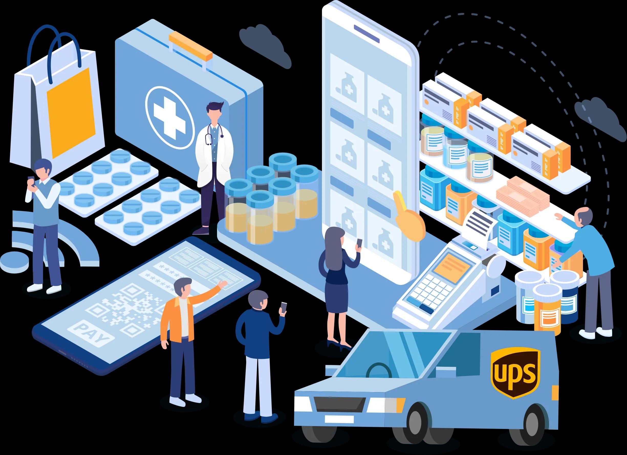 Online pharmacy illustration showing a pharmacist consulting with a patient through a digital device