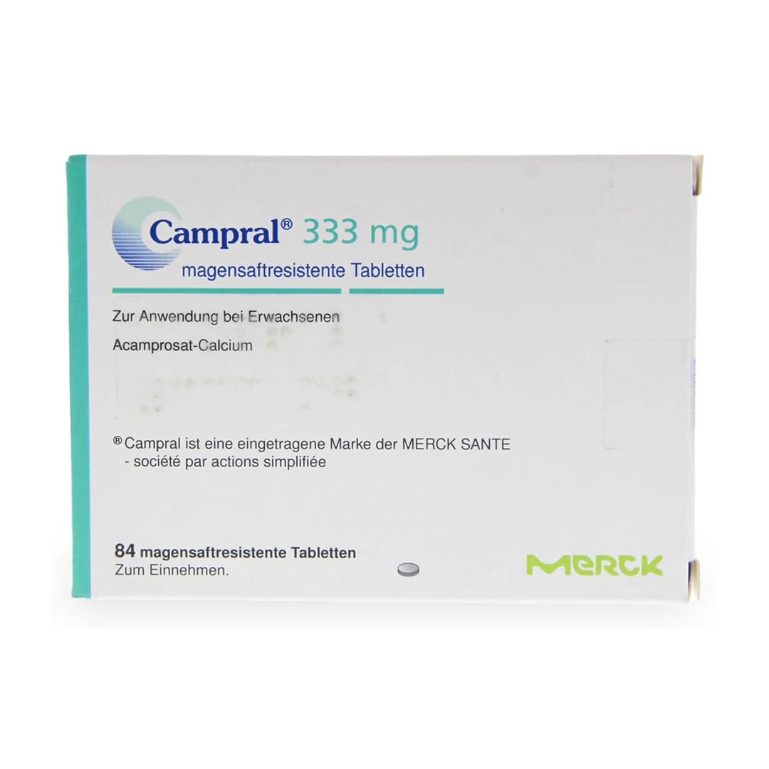 Verpackung von Campral 333 mg, 84 magensaftresistente Tabletten von Merck