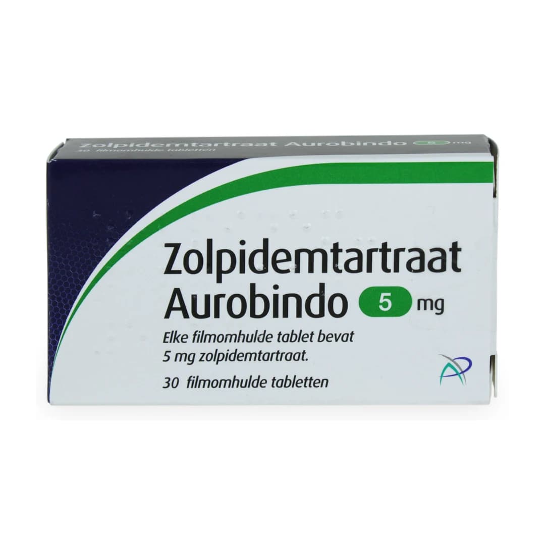 Verpackung von Zolpidemtartraat Aurobindo 5 mg, 30 Filmtabletten